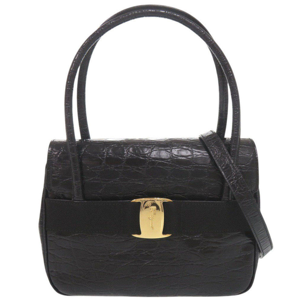 Salvatore Ferragamo Vara Embossed Leather Black 2-Way Handbag Shoulder Bag 01...